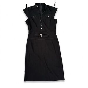 EUC Women’s Black Cap-Sleeve Belted Sheath Cocktail Midi Dress Size 7/8